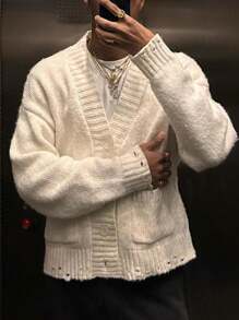 ANDREILEE 男士宽松休闲V领长袖毛衣，带口袋，版型宽松，时尚有型，适合春、秋、冬三季穿着。 - 杏色 - 查看 2