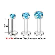 Set de 3 anillos nasales/pendientes de acero inoxidable hipoalergénico 16G con CZ transparente incrustado, rosca interna, para perforación de labio, cartílago, oreja, nariz, para mujeres y hombres, en colores rojo, azul y rosa de 3mm, 4mm y 5mm