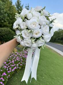 1 bó hoa cưới giả gồm hoa hồng, lúa mì và lá xanh, phụ kiện hoa ren cho cô dâu, phù dâu, chụp ảnh cưới ngoài trời, ngày Valentine, tiệc cưới. - Nhiều màu - Xem 4