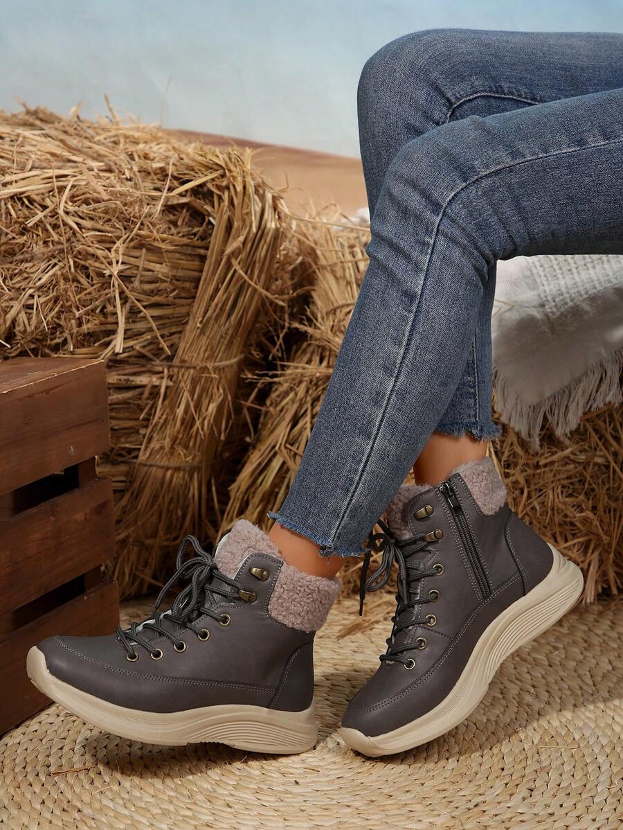 女士休闲舒适雪地靴，圆头系带侧拉链，轻便平底皮短靴，短靴筒，百搭羽绒服、连衣裙，冬季新款蓝色靴子，加厚保暖绒里，舒适雪地靴