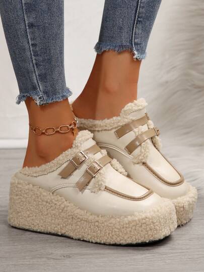 Pantofole a zeppa spesse e soffici, con suola spessa, da indossare in interno/esterno, adatte per l autunno/inverno, per donna