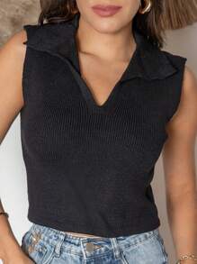 Polo Collar Tank Top With Modal Knit Line Cropped - màu đen - Xem 4