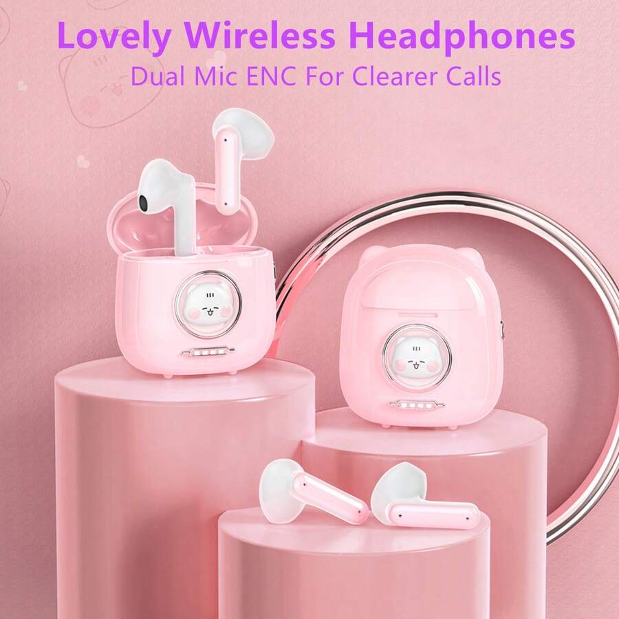1 件可爱无线耳机，可爱无线音乐耳塞，有趣的无线运动耳机，兼容 iPhone 和 Android 手机，ENC 双麦克风降噪，通话更清晰，13 毫米动态驱动器，带来沉浸式音效，可爱的设计，送给女性的最佳礼物 - 彩色 - 查看 1