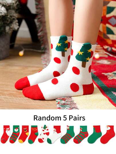 5 Pairs Of Random Christmas Socks For Kids, Cartoon Polka Dot Christmas Tree, Santa Claus & Deer Patterns, Suitable For Everyday Wear