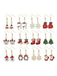 1/12 对圣诞耳环套装女可爱卡通节日吊坠耳环圣诞树圣诞帽鹿铃雪人雪花不锈钢耳针时尚首饰日常节日庆祝 - 彩色 - 查看 12
