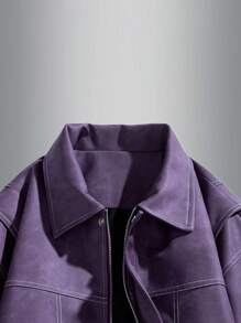 Men's Fashionable Casual Jacket With Side Pockets And Button Cuffs, Soft And Comfortable Faux Leather Jacket For Autumn - Purple - View 3