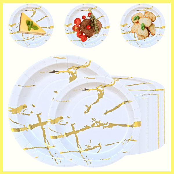 Disposable Gold Marble Paper Plates, 7/9Inch Round Gilding Dessert Plates Bulk For Party Decor Supplies, Waterproof Dinner Cake Paper Plates For Family Gatherings, Birthday, Picnic, Wedding, Holiday