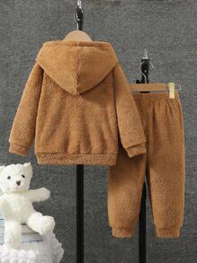 Young Boy 2pcs Plush Warm Solid Color Hoodie Sweatshirt And Pants Casual Outfit, Winter - Coffee Brown - View 2