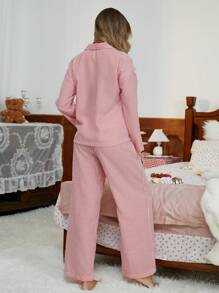 SANRIO 2 件  女士条纹印花前扣长袖睡衣 + 抽绳腰部宽松长裤睡衣套装，两件套 - 紅白色 - 查看 4