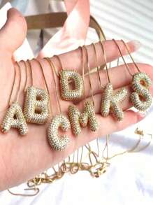 A-Z CZ Zirconia Letter Pendant Necklace, Unisex Punk Style Initial Necklace, Stainless Steel Fashionable Hip Hop Jewelry - Gold 5 - View 3