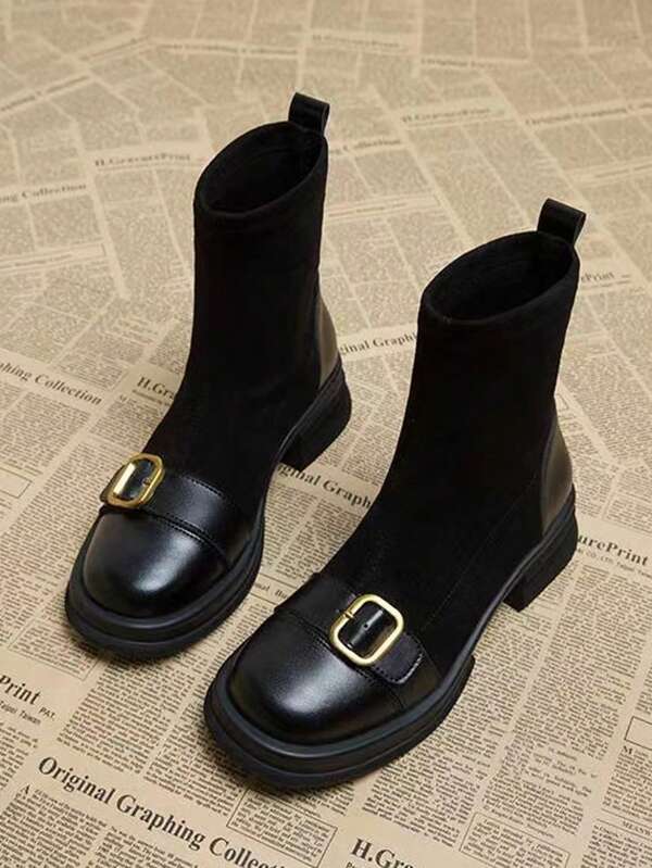 Women's Black Boots Patchwork Elastic Boots, Skinny Boots Short Boots Fall Boots 2024 New Round Toe Buckle Strap Short Boots Women Boots Women Shoes Boots