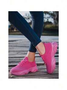 Women Fashion Casual Slip-On Sneakers, Comfortable Breathable Fabric Lace-Up Low-Top Athletic Shoes, Couple Socks Shoes, Slouchy Shoes, New Hot Selling 2024 Model - 玫紅色 - 查看 3