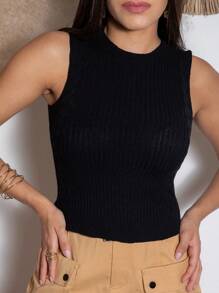 Cropped Tank Top With Modal Knit Line, Braided Sleeves - 黑色 - 查看 3