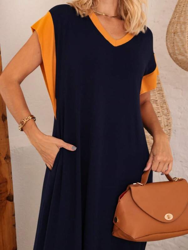 Vestido Longo Feminino Manga Colorida Bicolor Fenda Lateral Com Bolso Moda Feminina Verão Outono Inverno Veste do 38 ao 48
