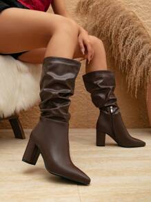 Fall/Winter Women's Fashion Long Boots, Brown Pleated Casual Loose Tall Boots, Suede Chunky Heel Boots, Chocolate Brown High Heel Boots, Dark Brown Winter Boots, Leopard Print Tall Boots, Coffee Leather Tall Boots, Side Zipper Knee High Boots, Pointed Toe Chunky Heel Boots, Winter Boots,Perfect With Cardigan - Chocolate Brown - View 5