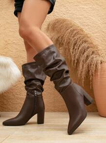 Fall/Winter Women's Fashion Long Boots, Brown Pleated Casual Loose Tall Boots, Suede Chunky Heel Boots, Chocolate Brown High Heel Boots, Dark Brown Winter Boots, Leopard Print Tall Boots, Coffee Leather Tall Boots, Side Zipper Knee High Boots, Pointed Toe Chunky Heel Boots, Winter Boots,Perfect With Cardigan - Chocolate Brown - View 4