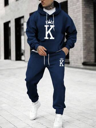 Men Letter K Print Drawstring Hoodie Sweatshirt & Pants 2-Piece Casual Suit, Fall Clothes