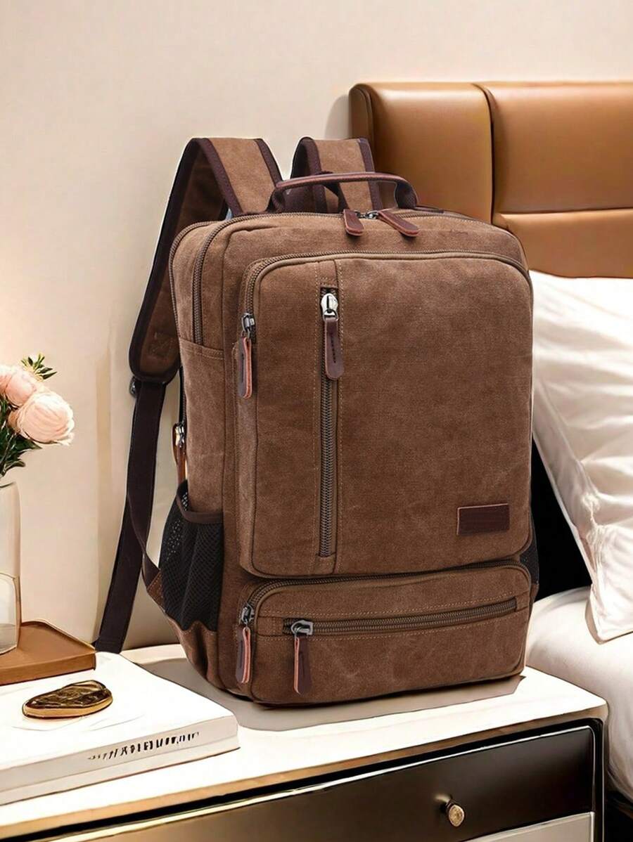 1 Stück modischer Leinwand Rucksack mit großer Kapazität und vielen Taschen, abriebfest, Ledergriff, geeignet für Studenten, Outdoor-Reisen, Geschäftsreisen, Laptop Rucksack, Schulbeutel, Reiserucksack, Campingausflug, Tasche für den Sommer, Rückfahrschule, Laptoptasche, Sporttasche für Männer, Reisenotwendigkeiten, große Tasche, Frühjahrsschulsachen, Schulrucksack, vintage