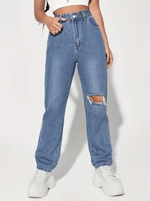 Women Fashion Ripped Straight-Leg Jeans, Casual Style, Button Zipper, Pocket Solid Color Denim Pants