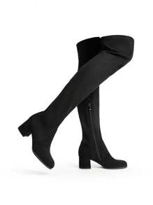 Women Comfortable Black Boot Chunky Heel Over-The-Knee Boots Soft Stretch Suede Leather Chunky Heel Boots For Autumn Winter Wearing - DA LỘN MÀU ĐEN - Xem 3