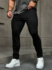 Men's Solid Color Stretch Slim Fit Jeans, Fashion Versatile - Black - View 2