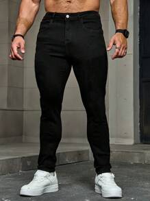 Men's Solid Color Stretch Slim Fit Jeans, Fashion Versatile - Black - View 5