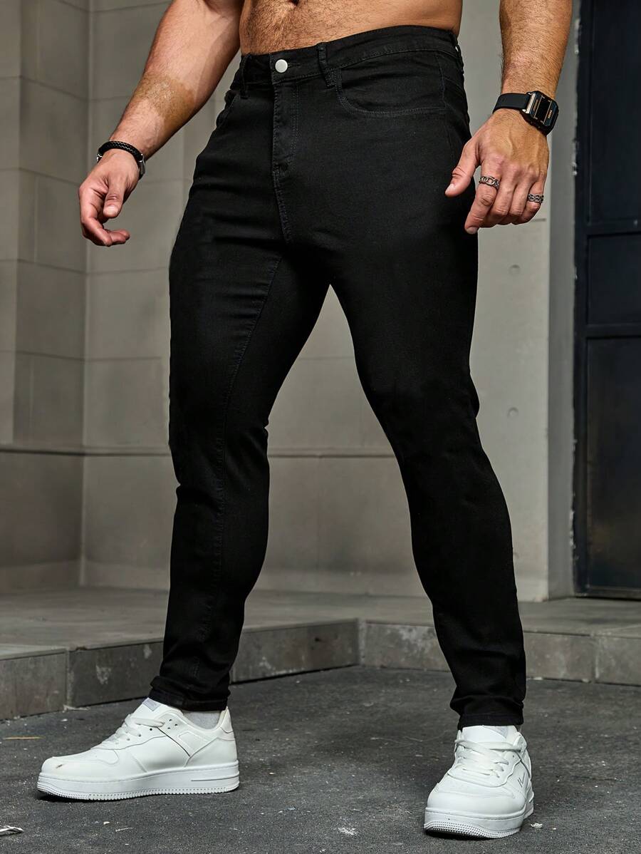 Men's Solid Color Stretch Slim Fit Jeans, Fashion Versatile - Black - View 1