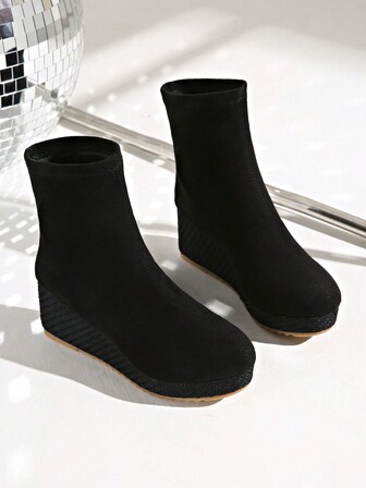 Velvet Fashion Wedge Heel Elastic Ankle Boots, High Street Casual Style