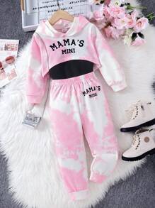 年轻女孩 3 件套街头服饰扎染印花连帽衫、背心、裤子套装，秋冬 - 粉色 - 查看 3