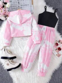 年轻女孩 3 件套街头服饰扎染印花连帽衫、背心、裤子套装，秋冬 - 粉色 - 查看 2