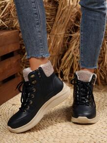 女士休闲舒适雪地靴，圆头系带侧拉链，轻便平底皮短靴，短靴筒，百搭羽绒服、连衣裙，冬季新款蓝色靴子，加厚保暖绒里，舒适雪地靴 - 藍色 - 查看 5