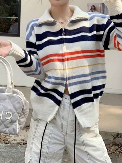 Women's Casual Loose Rainbow Striped Knit Cardigan, Autumn/Winter