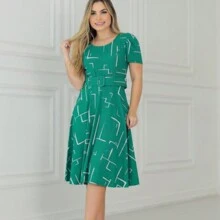 Midi Dress With Removable Belt, Puff Sleeves, Round Neck - màu xanh lá - Xem 1