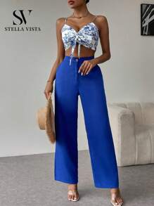 SV Conjunto social feminino, blusa estampada + calça pantalona de alfaiataria. - Azul - Visão 4