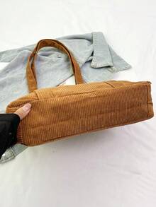 小众设计条纹天鹅绒大包2025新款单肩腋下包奢华休闲女包复古托特包 - 棕色 - 查看 6