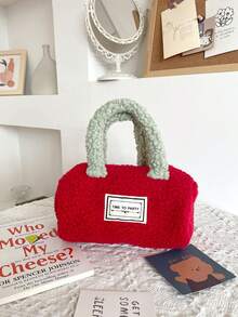1pc Christmas & New Year Small Red Pocket Color Block Fluffy Hand Bag, Fuzzy Shoulder Bag With Storage - Multicolor - View 5