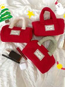 1pc Christmas & New Year Small Red Pocket Color Block Fluffy Hand Bag, Fuzzy Shoulder Bag With Storage - Multicolor - View 2