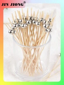 100pcs Disposable Mirrored Silver Ball Cocktail Picks, Bamboo Skewers For Party, Bar, Decoration, Fruit, Cake, Snack