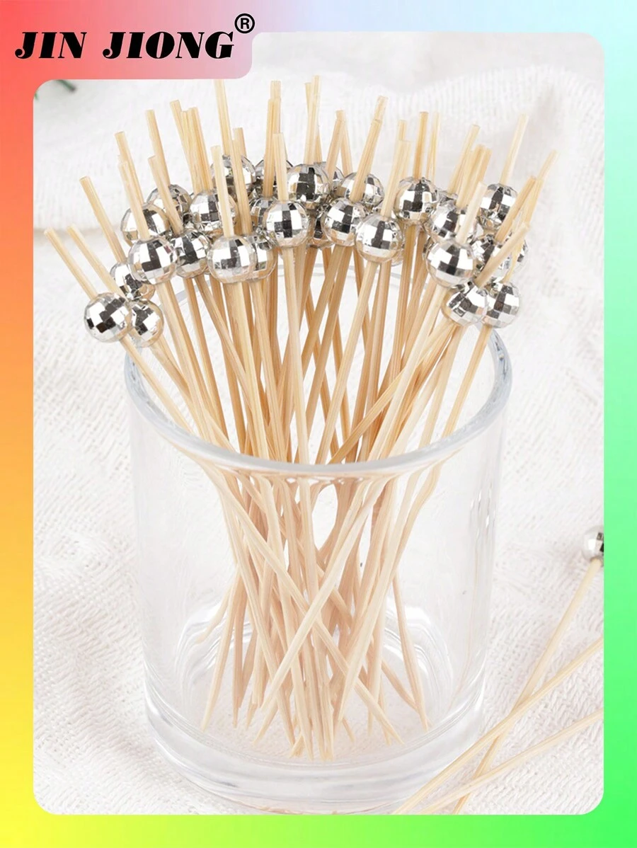 100pcs Disposable Mirrored Silver Ball Cocktail Picks, Bamboo Skewers For Party, Bar, Decoration, Fruit, Cake, Snack