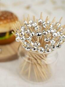 100pcs Disposable Mirrored Silver Ball Cocktail Picks, Bamboo Skewers For Party, Bar, Decoration, Fruit, Cake, Snack