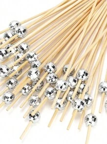 100pcs Disposable Mirrored Silver Ball Cocktail Picks, Bamboo Skewers For Party, Bar, Decoration, Fruit, Cake, Snack