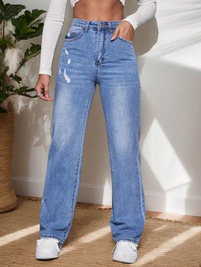 Jesns holgados con rotos y lavados para mujer, Pantalones Vaqueros de mezclilla rectos informales , moda versátil