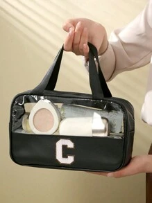 1 件时尚新款方形纯色 PU 和 PVC 皮革面料，配白色毛巾绣有字母 A-Z，防水拉链上衣和女士化妆包，配有背带设计，学生返校洗漱包，宿舍化妆品收纳，适合大学生度假旅行上学沙滩包沙滩必需品沙滩巾收纳袋沙滩配件夏季沙滩用品 - 黑色 - 查看 4