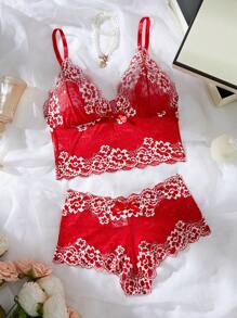 Conjunto de lencería sexy con ajuste ceñido y detalles de encaje floral para mujer