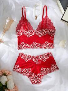 Conjunto de lencería sexy con ajuste ceñido y detalles de encaje floral para mujer
