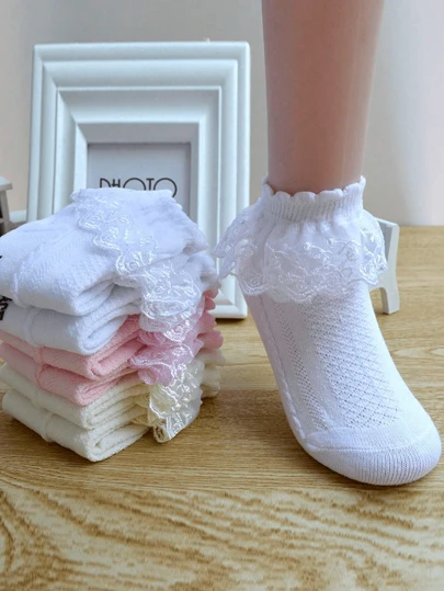 3 Pairs Children Lace Trim Socks, Comfortable Design Suitable For Dance, Outdoor And Various Occasions, Fashionable And Versatile Short Socks