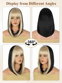 Peluca sintética recta resistente al calor de 16 pulgadas de longitud corta tipo Bob de doble tono color rubio y negro, estilo Y2K, para mujeres y niñas, para uso diario, vacaciones, fiesta de Halloween, festival de música, disfraces