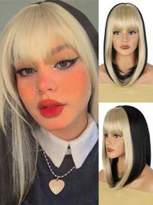Peluca sintética recta resistente al calor de 16 pulgadas de longitud corta tipo Bob de doble tono color rubio y negro, estilo Y2K, para mujeres y niñas, para uso diario, vacaciones, fiesta de Halloween, festival de música, disfraces