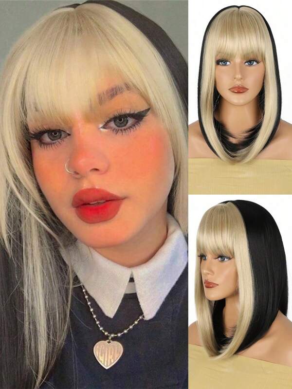 Peluca sintética recta resistente al calor de 16 pulgadas de longitud corta tipo Bob de doble tono color rubio y negro, estilo Y2K, para mujeres y niñas, para uso diario, vacaciones, fiesta de Halloween, festival de música, disfraces