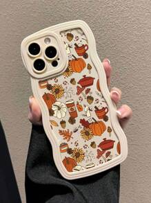 1pc Autumn Pumpkin Pattern White Wavy Full Coverage Anti-Drop Anti-Fingerprint Phone Case Compatible With Iphone - Multicolor - View 1
